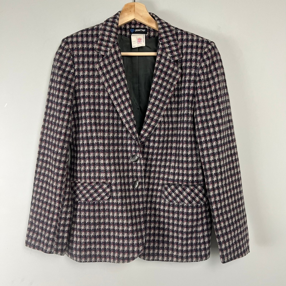 Vtg Pan-her Wool Houndstooth Blazer Navy Red Union Made USA 6 Heritage Academia